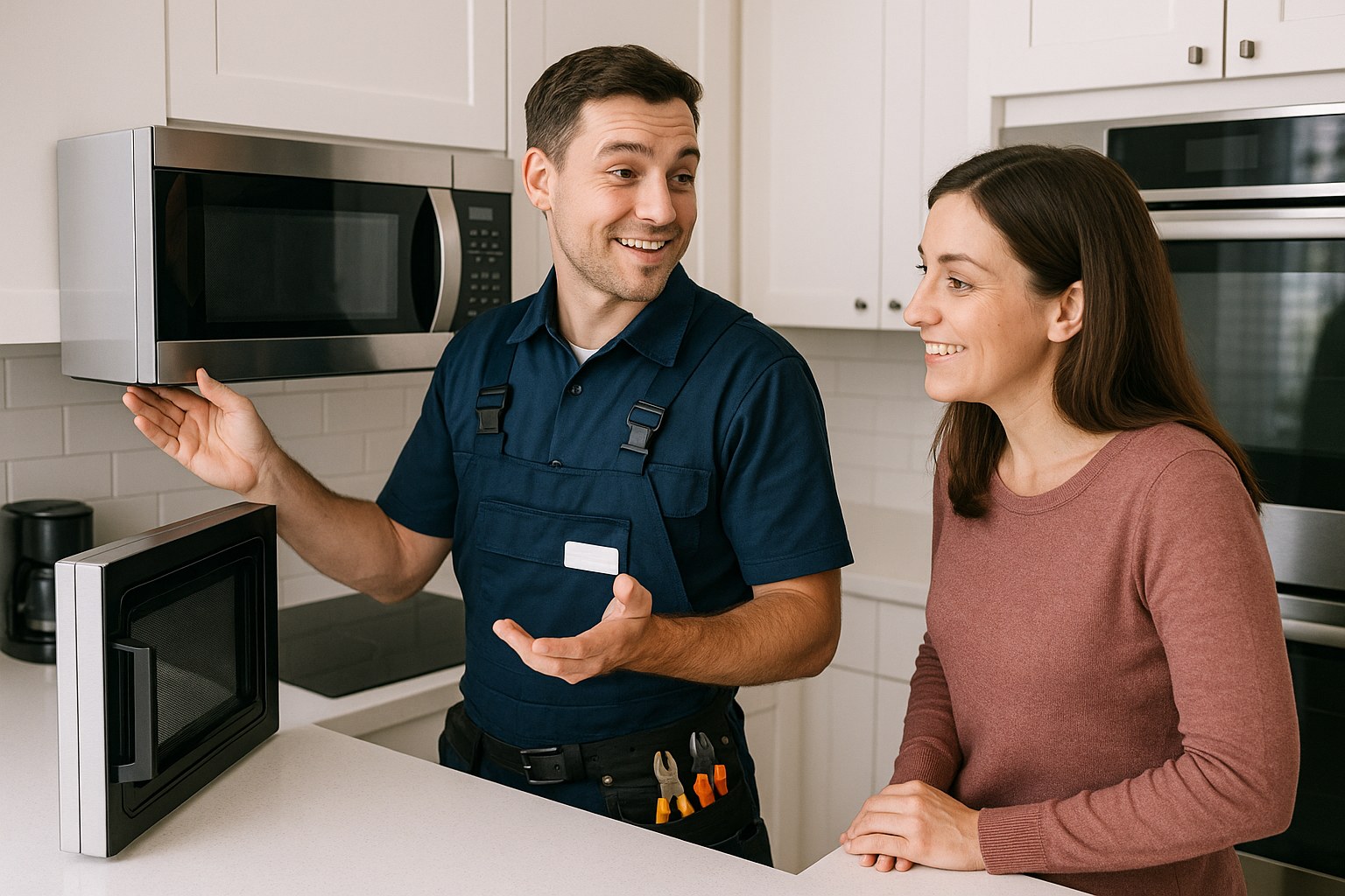 appliance technician inspecting microwave
