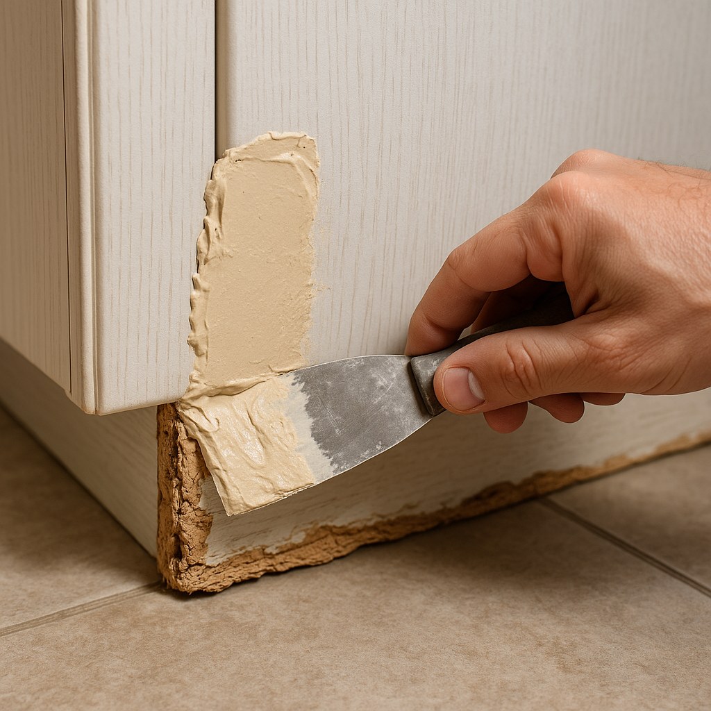 Applying wood filler on cabinet base