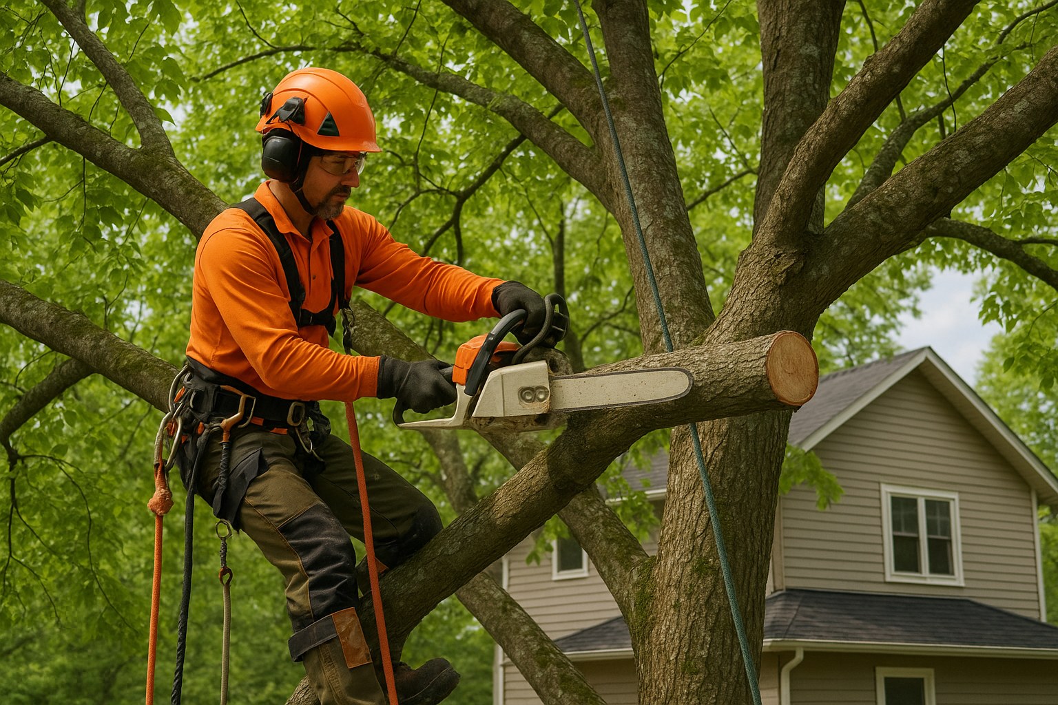 Arborist trimming high branch in tree