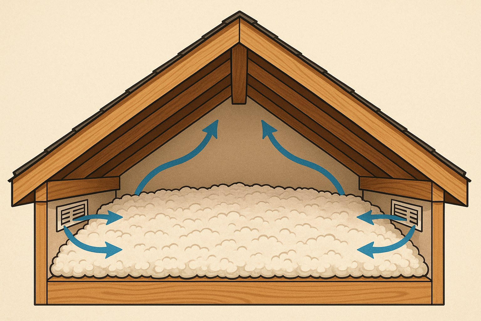 Attic with deep fluffy insulation airflow