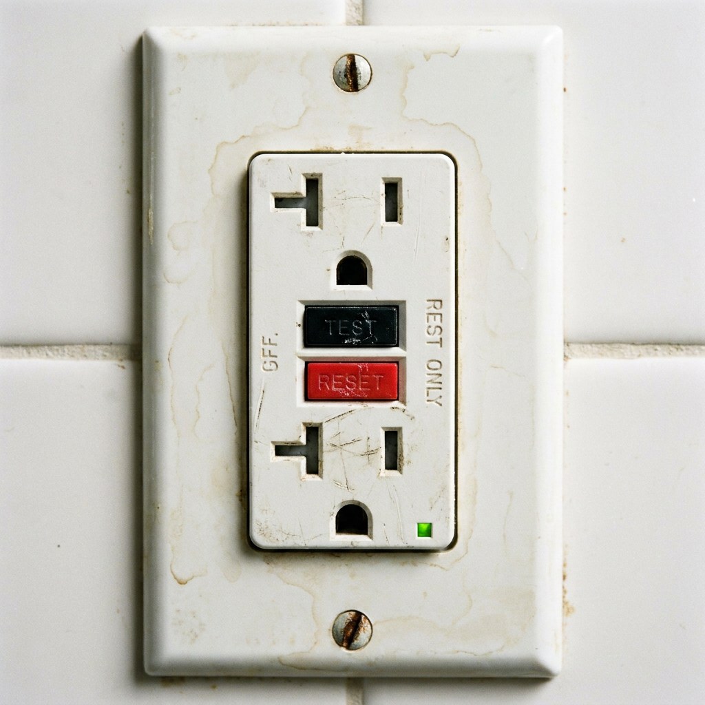 Bathroom GFCI outlet with test reset buttons
