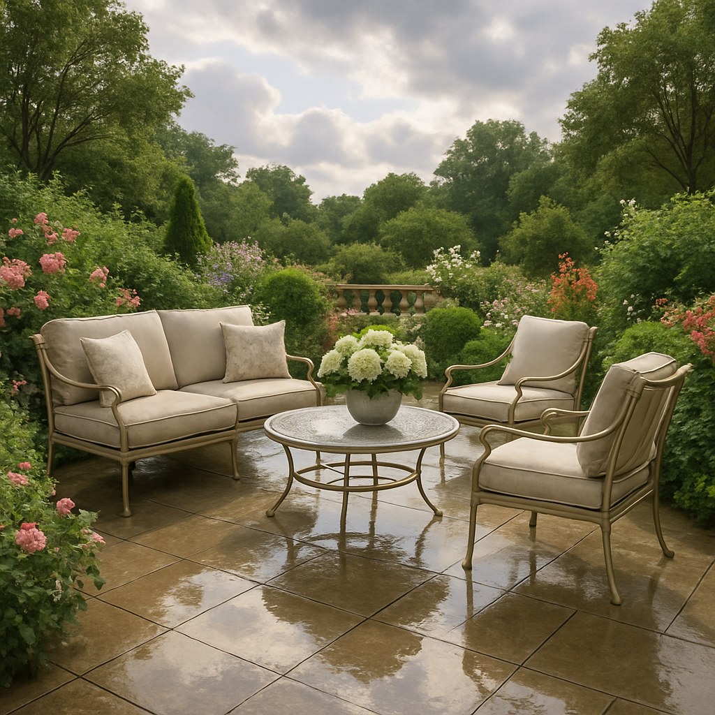 Beautiful patio with puddles after rain
