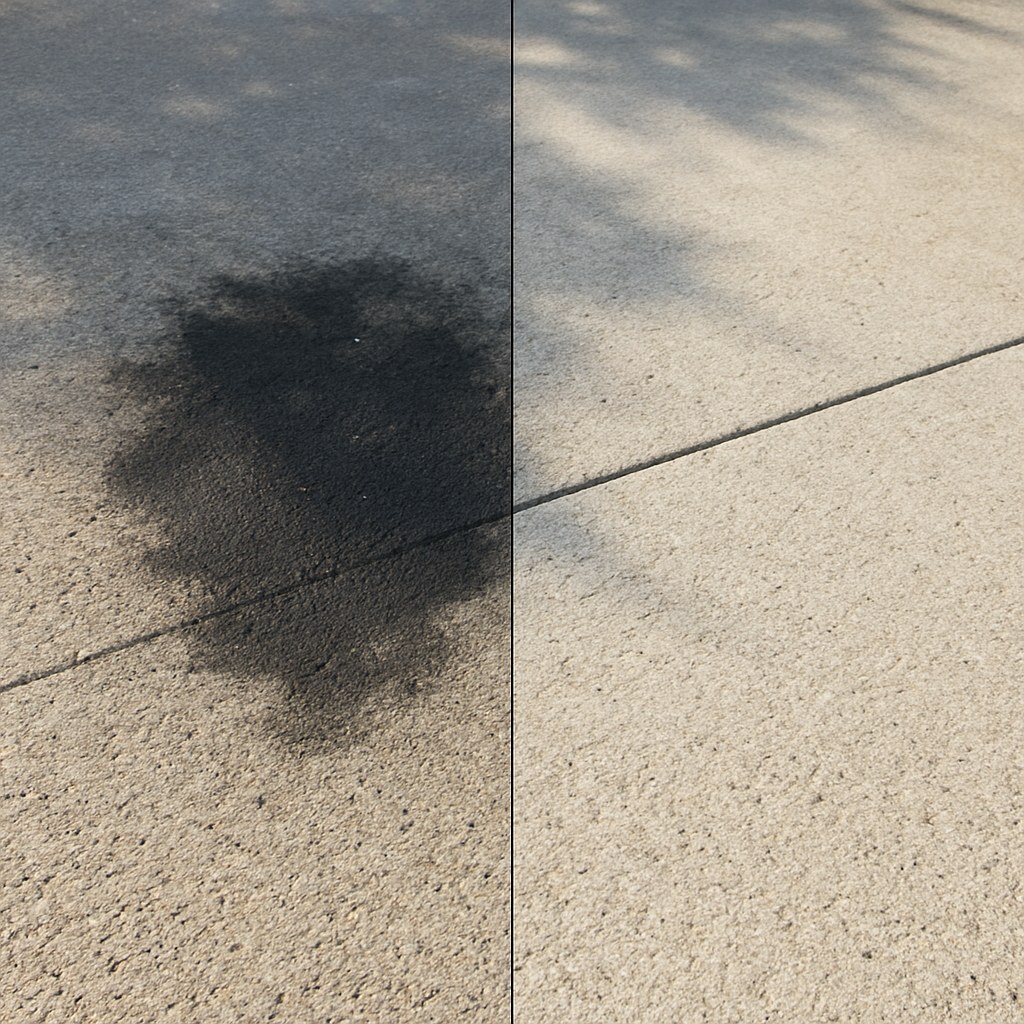 Before after oil stain cleaned driveway