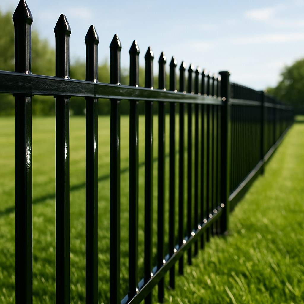 Black metal fence with pristine lawn