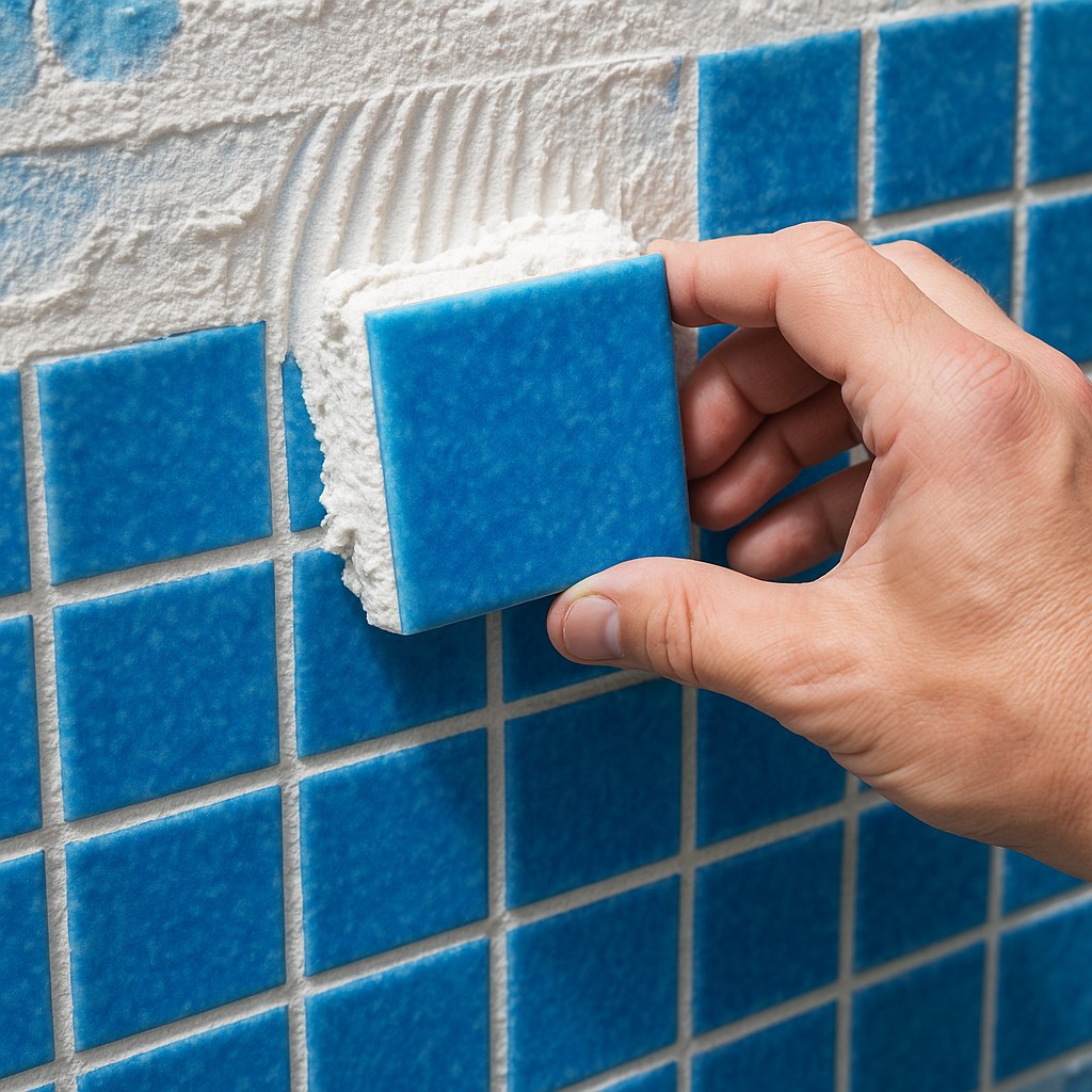 blue tile pressed into pool wall