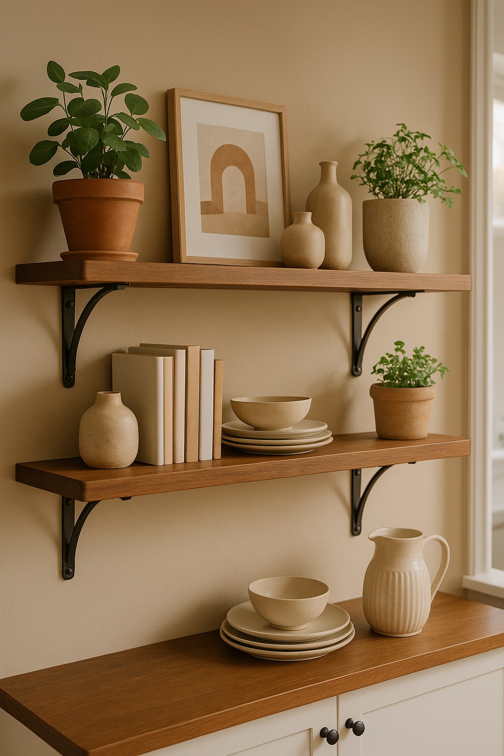 Bracket supported shelves in stylish home