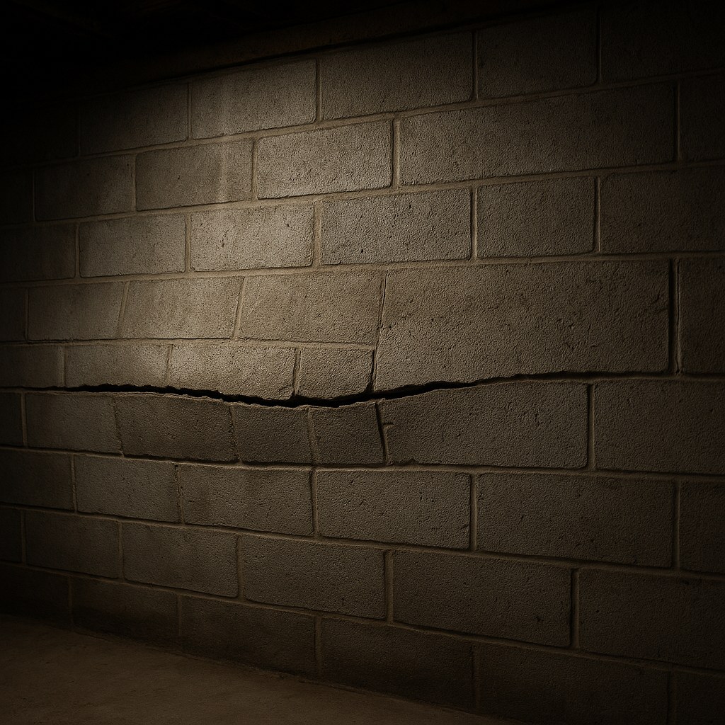 Bulging concrete block wall with crack