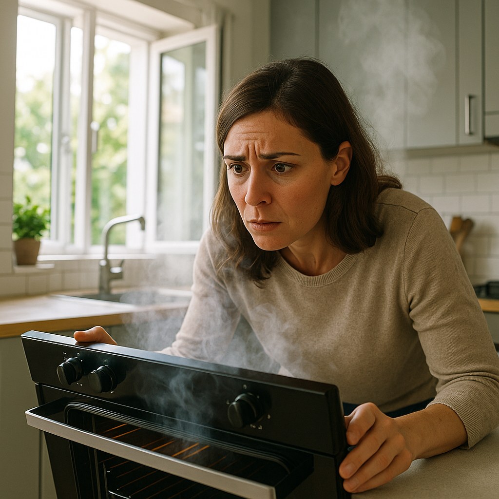 Cautious person inspects smoking oven