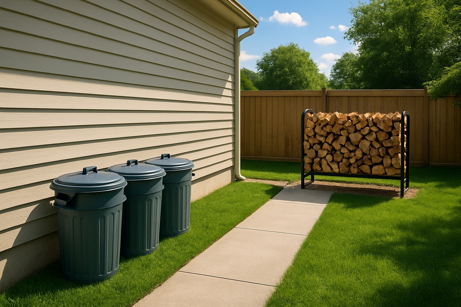 Clean backyard with woodpile and cans