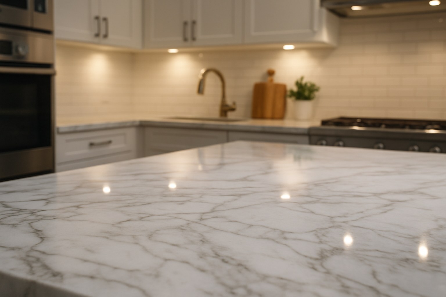 clean shiny marble countertop reflecting light
