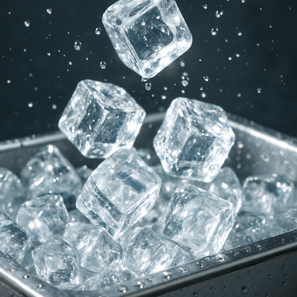 Clear ice cubes falling in bin