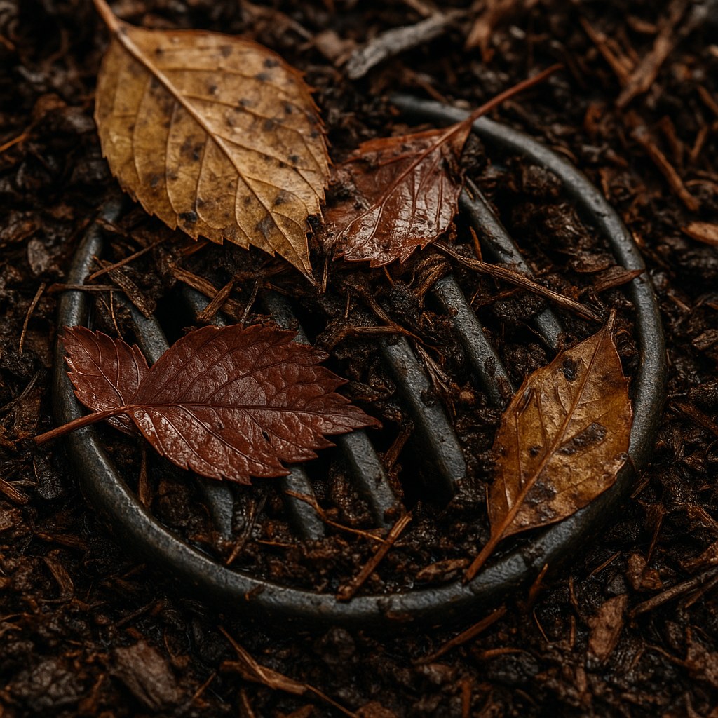 clogged garden drain with leaves mulch