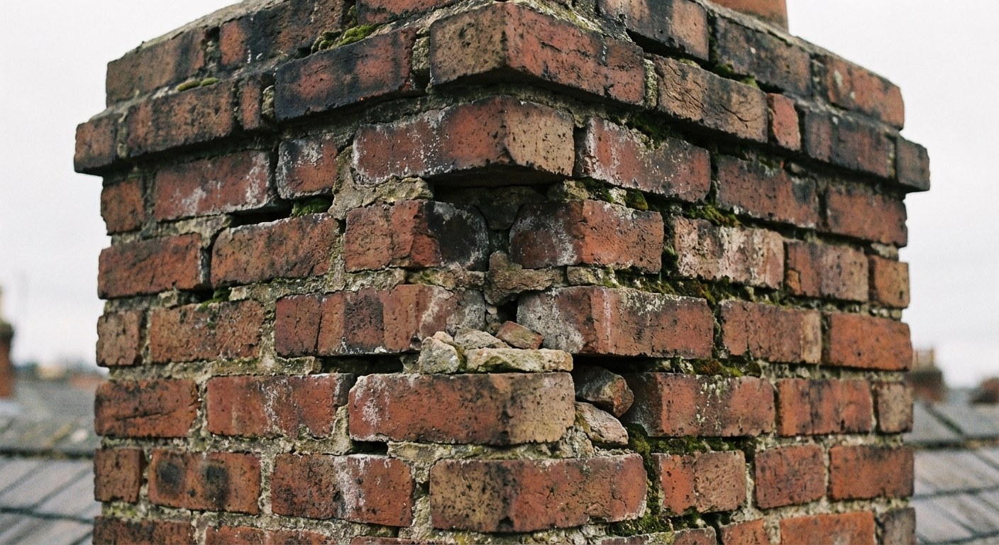 Close up brick chimney missing mortar joints