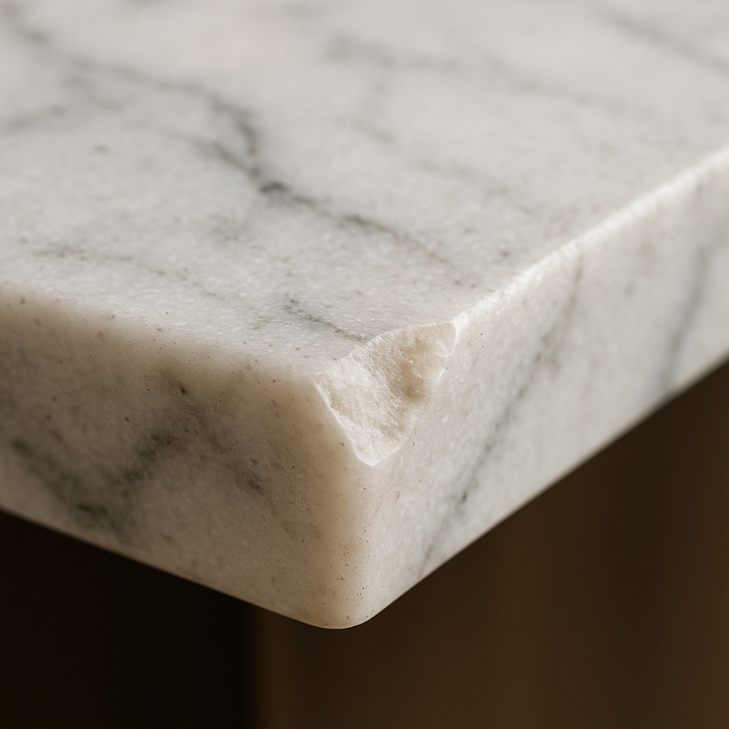 close up chip on white marble countertop