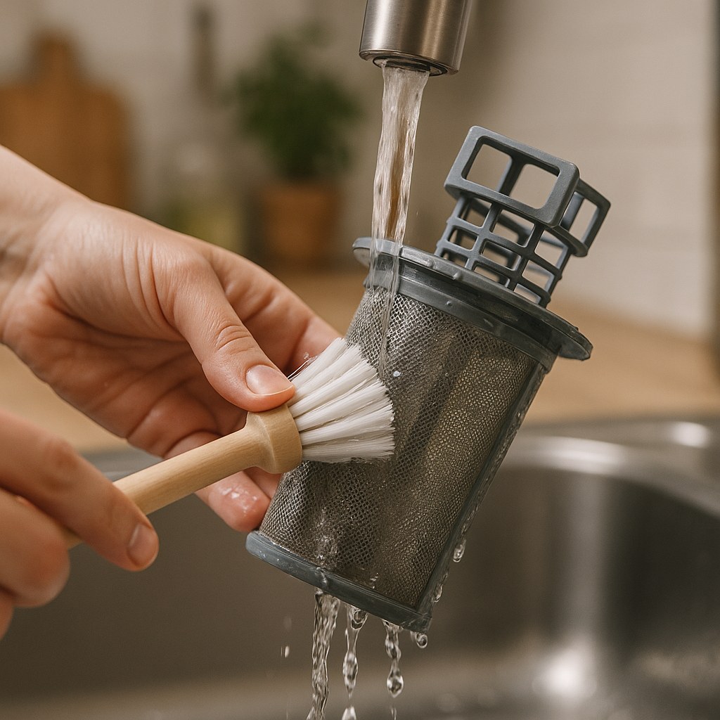 Close up dishwasher filter cleaning