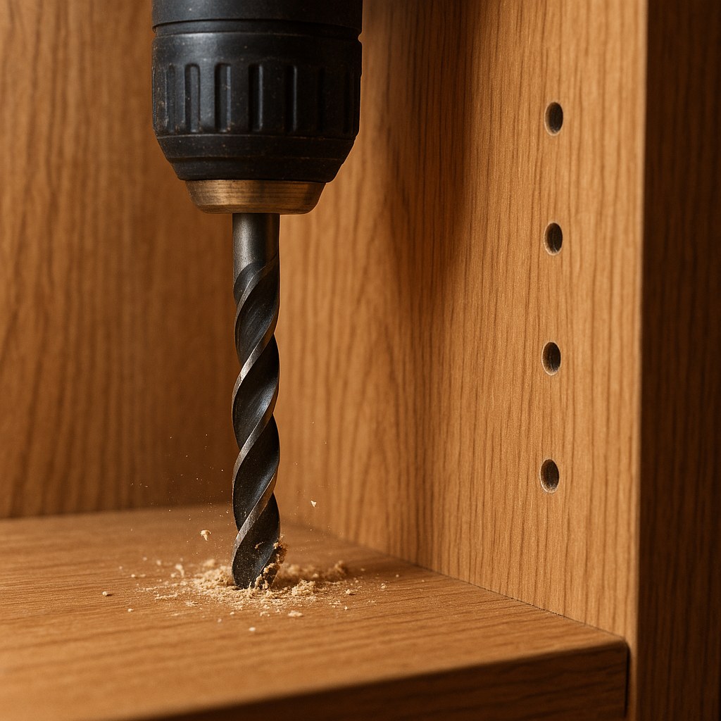 close up drill creating cabinet hole