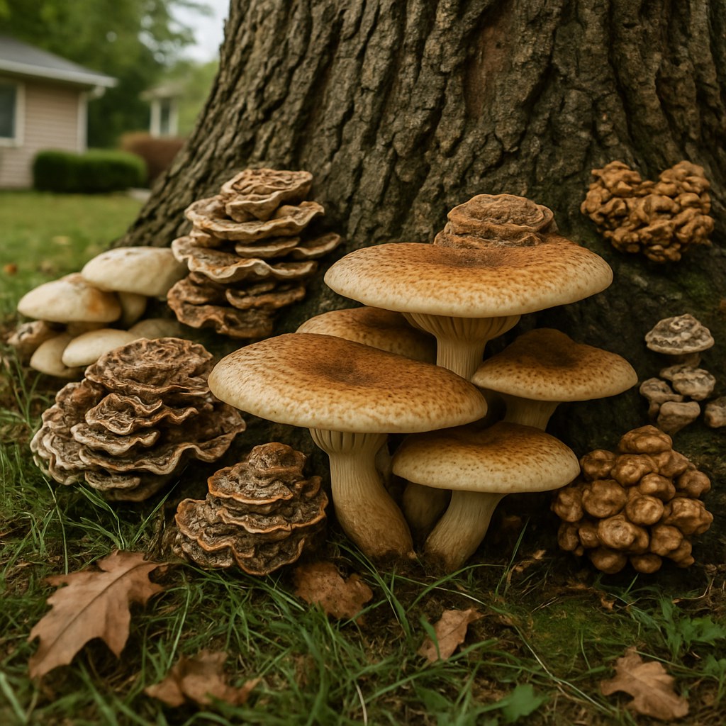 Close up mushrooms at tree base
