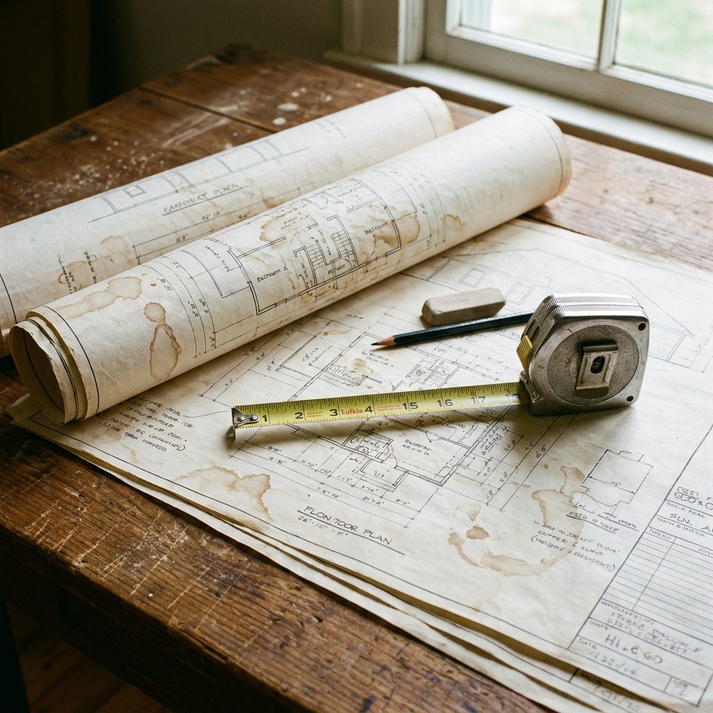 Close up of blueprints and measuring tape