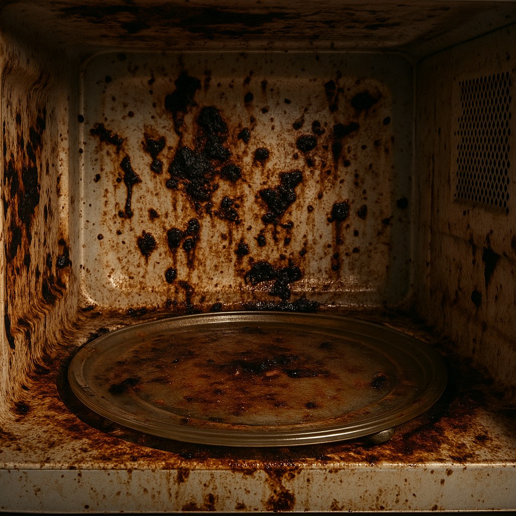 close up of dirty microwave interior