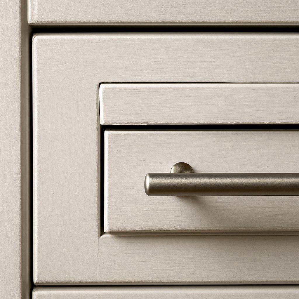 Close up white cabinet misaligned drawer