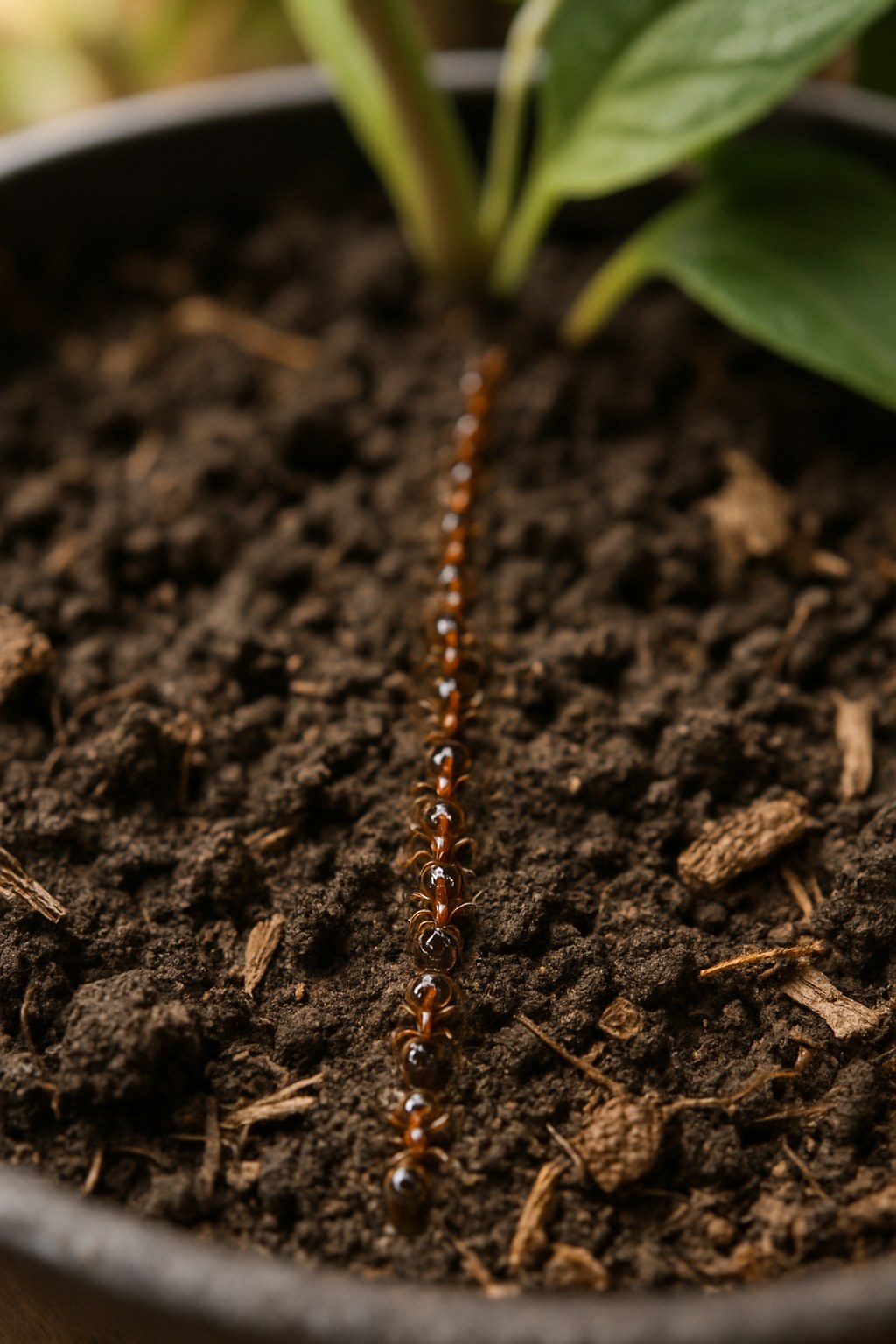 closeup ants trail on potted plant
