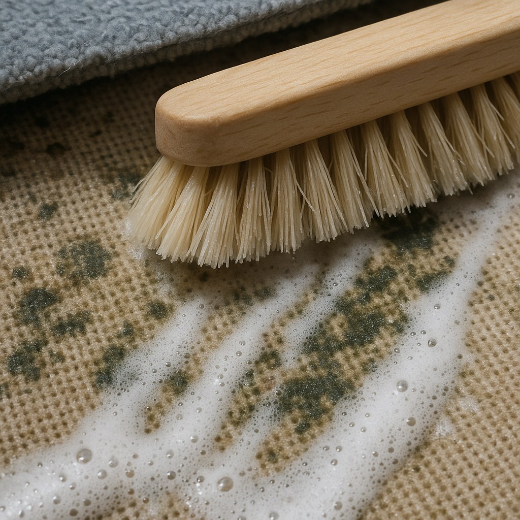 Closeup brush scrubbing moldy carpet