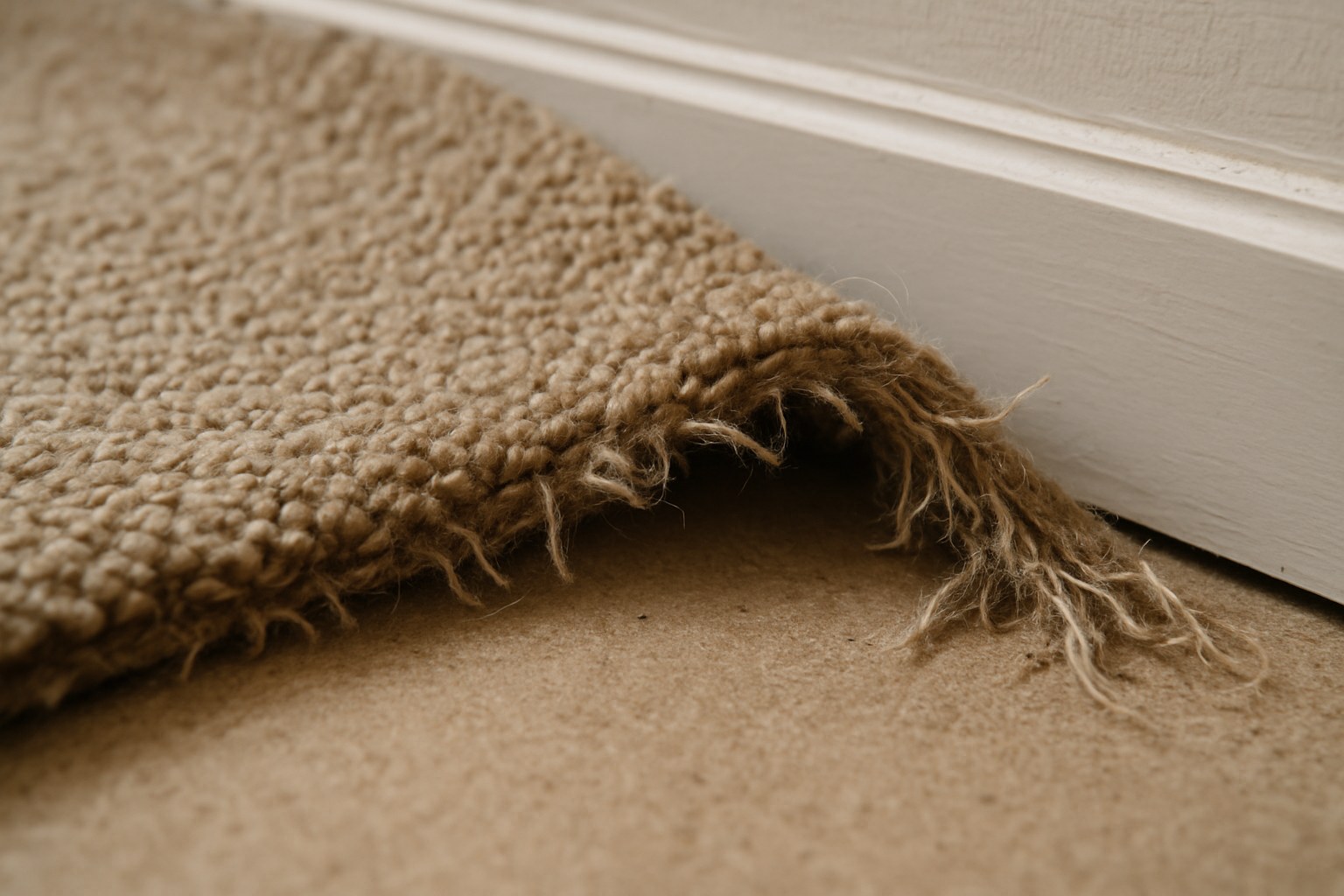 Closeup lifted frayed carpet edge baseboard