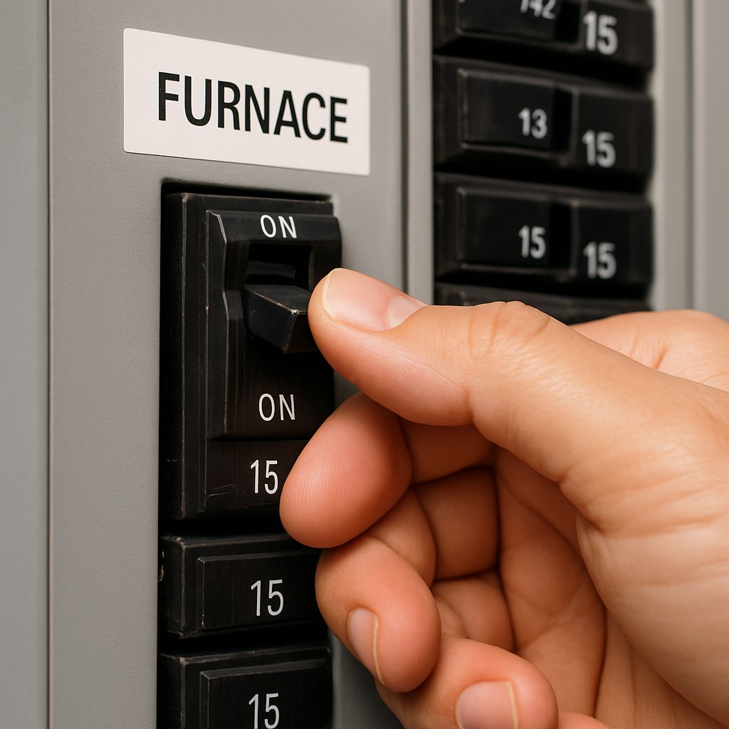 Closeup of hand flipping furnace breaker