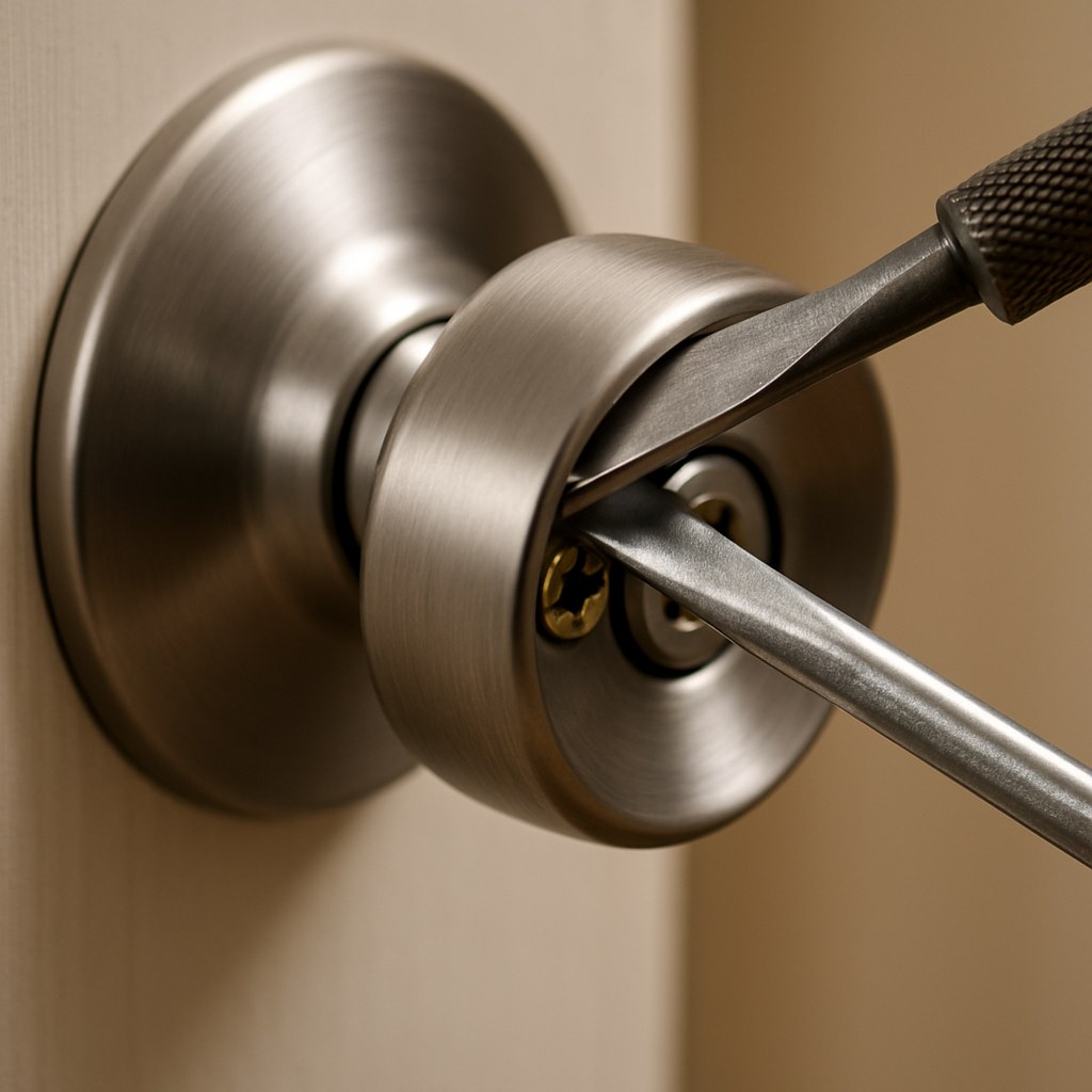 Closeup screwdriver pries door knob cover
