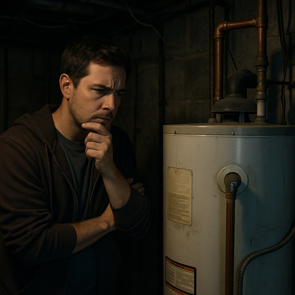 Concerned person at basement water heater