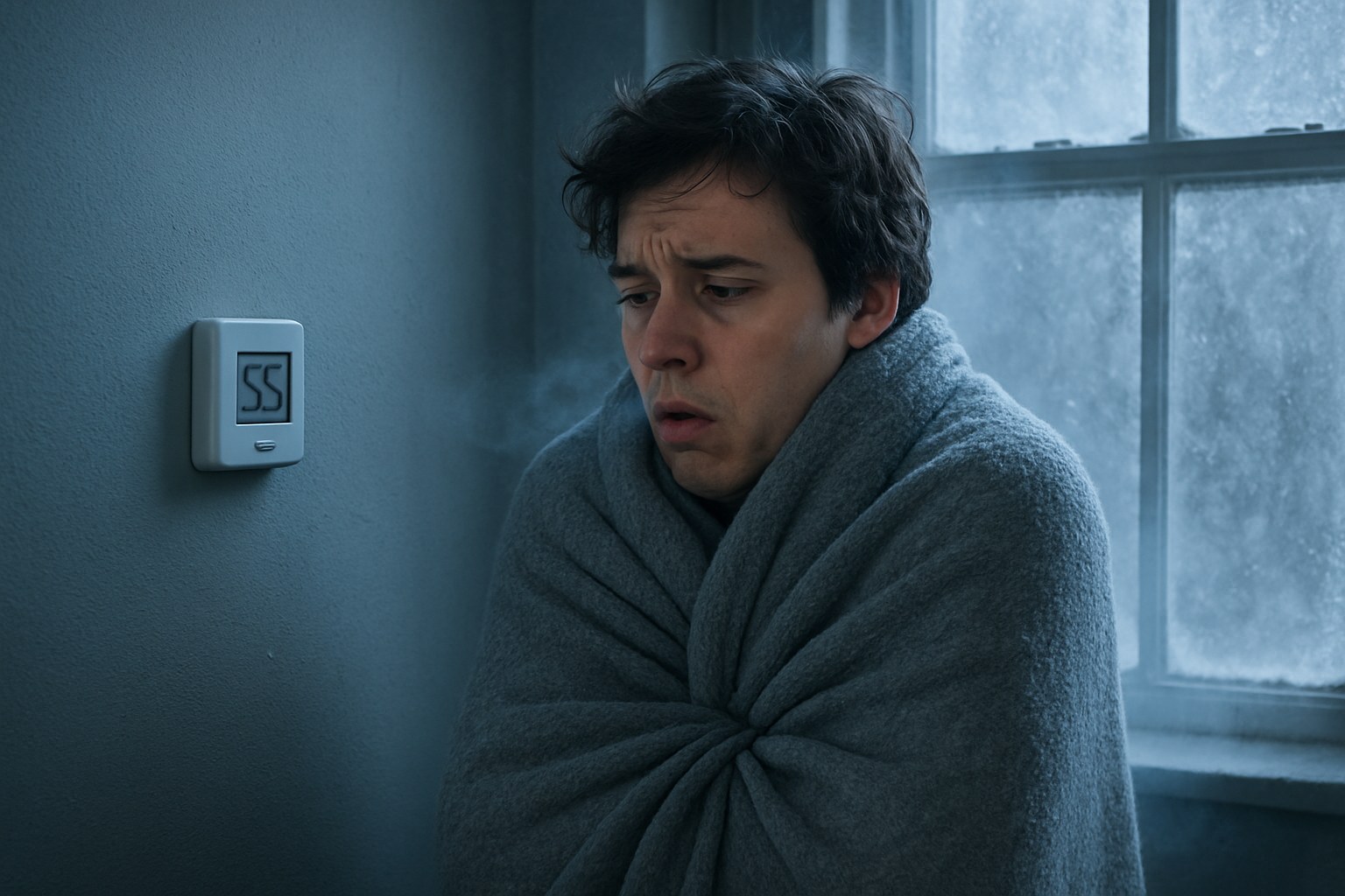 concerned person with blanket and thermostat
