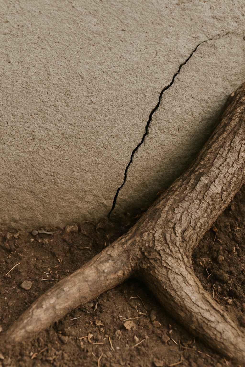 Concrete foundation crack with tree root
