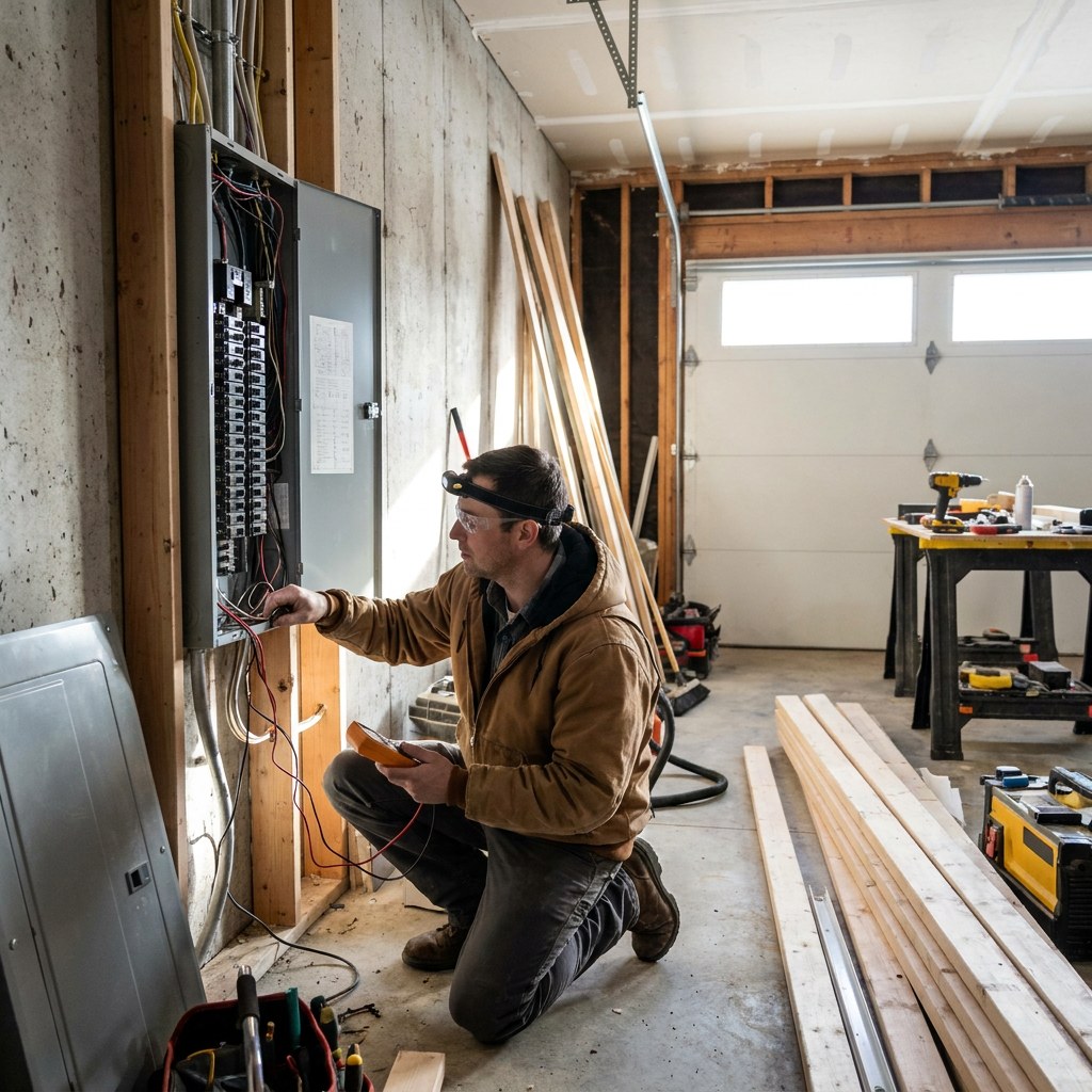 Contractor examining electrical panel in garage