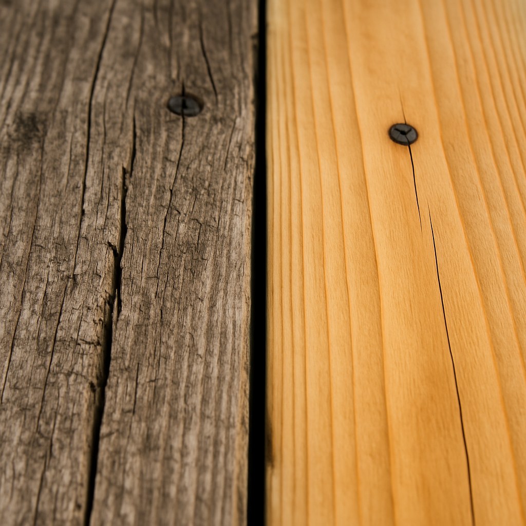 cracked board near new deck