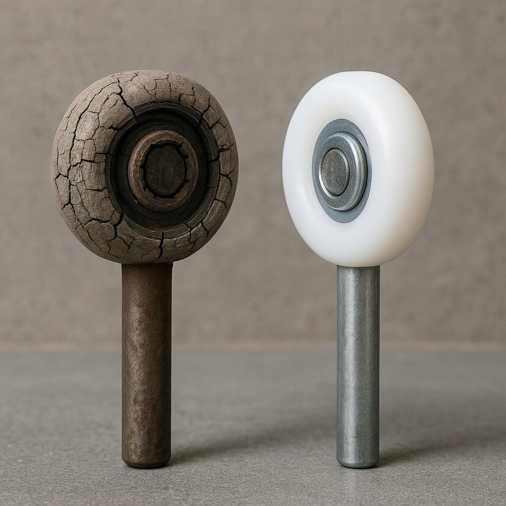 Cracked roller next to nylon roller