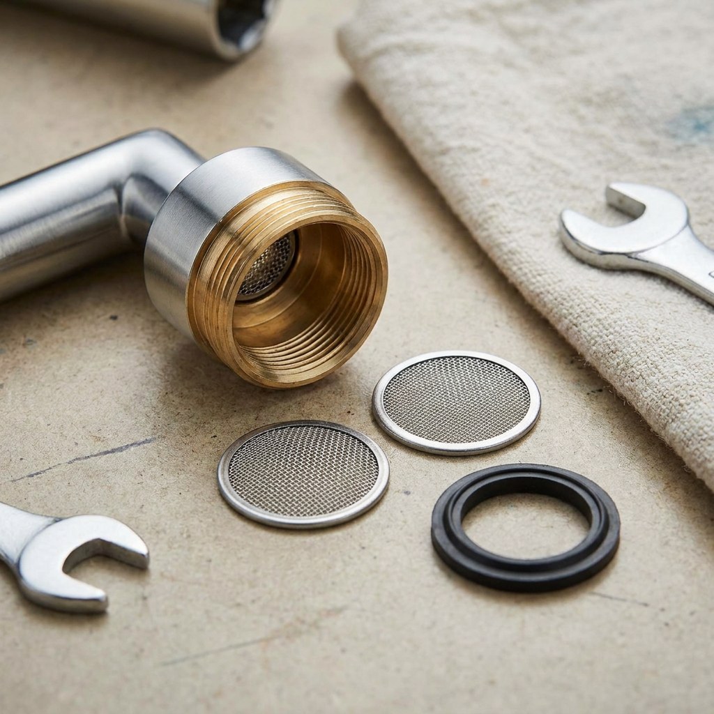 Disassembled faucet aerator parts