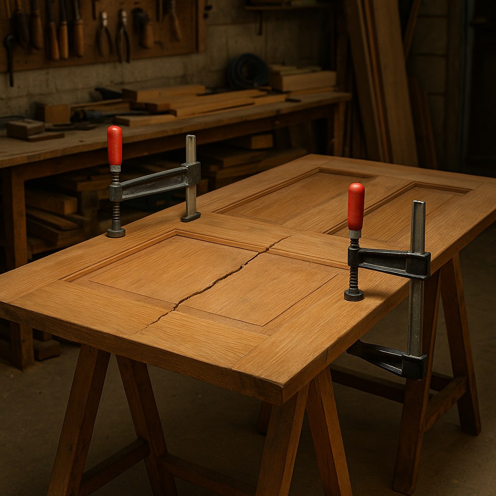 Door on sawhorses with bar clamps