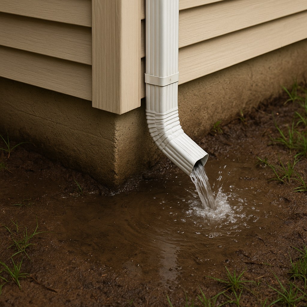 Downspout water puddle near foundation