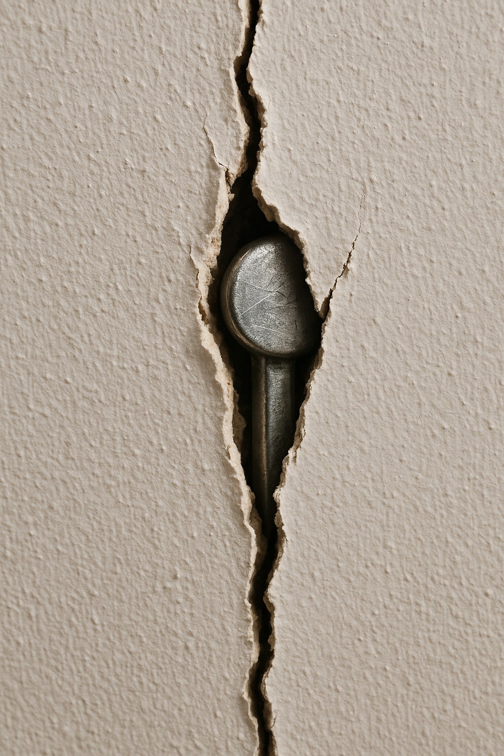 Drywall crack with visible metal piece