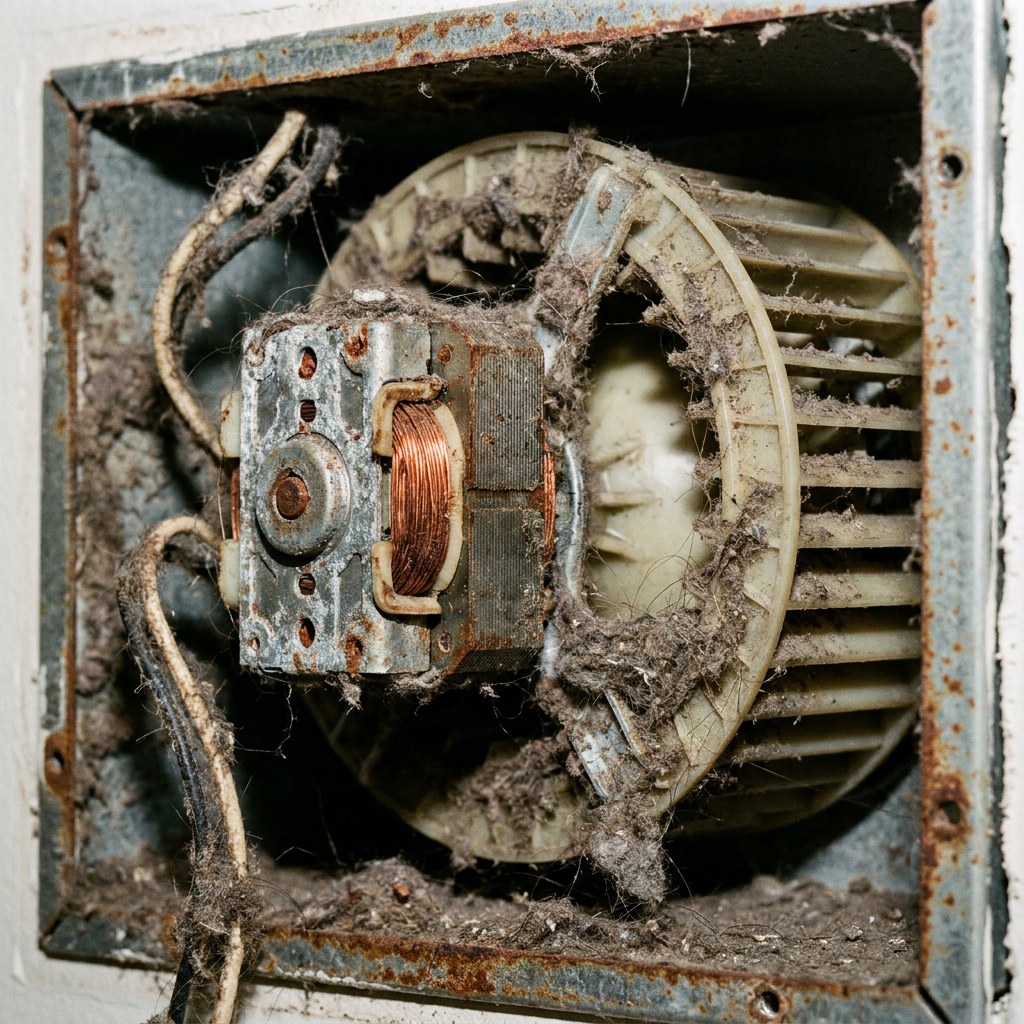 Dusty bathroom exhaust fan motor closeup