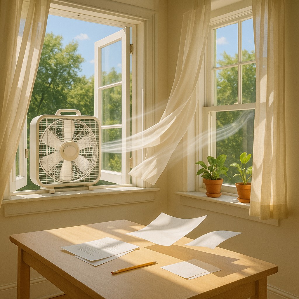 Fan in open window cross breeze