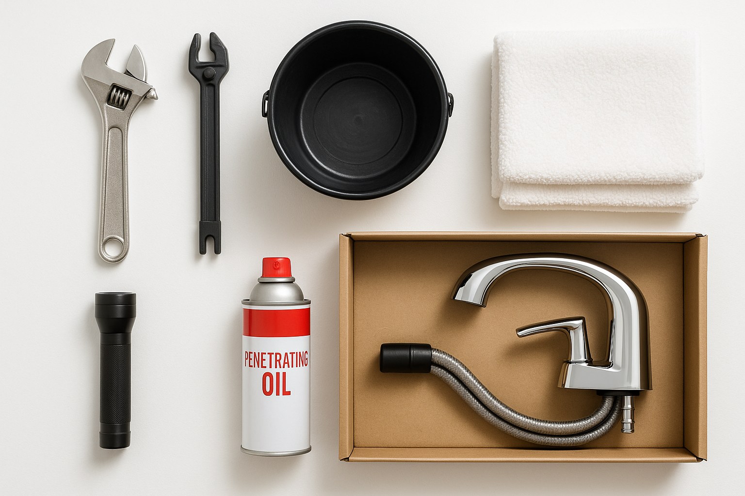 Faucet replacement tools arranged on surface