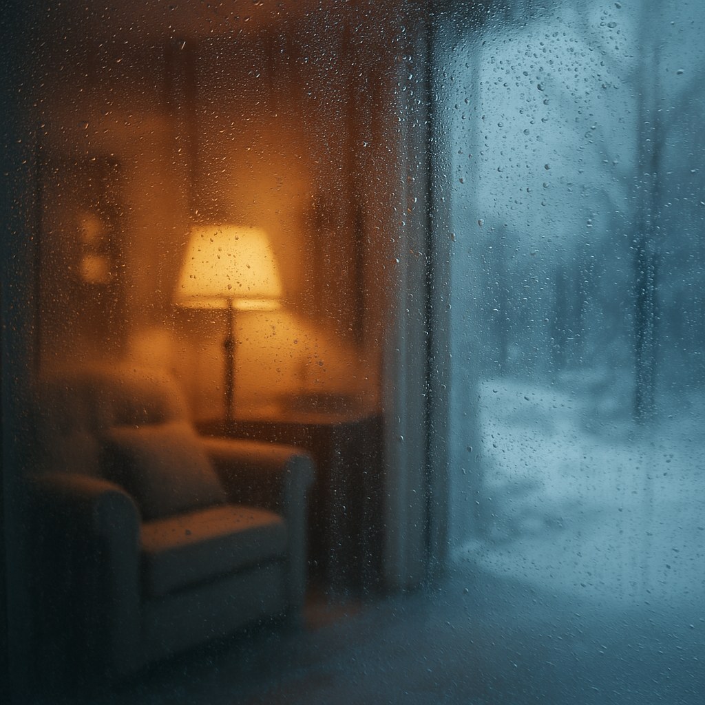 Foggy window cozy inside cold outside