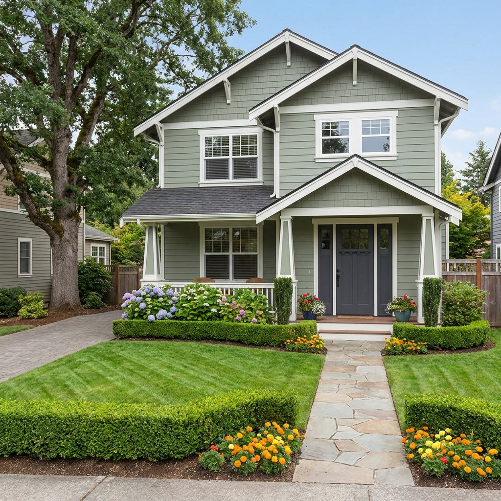Freshly painted suburban home with landscaping
