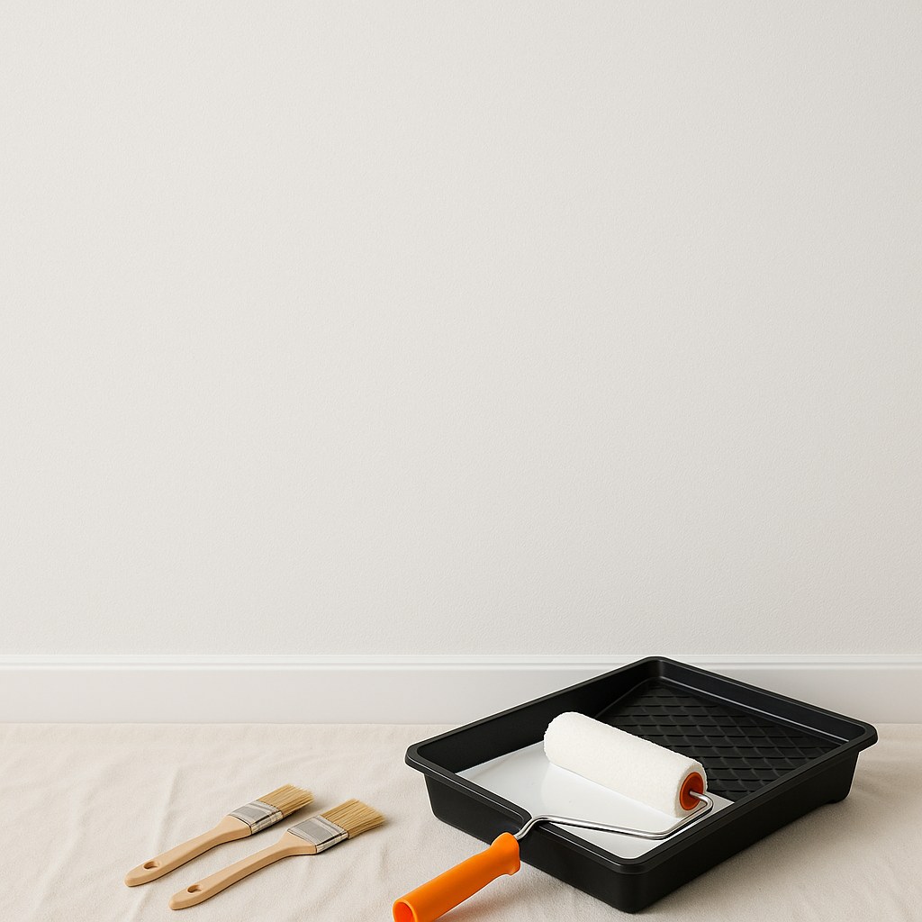 freshly painted wall with painting supplies