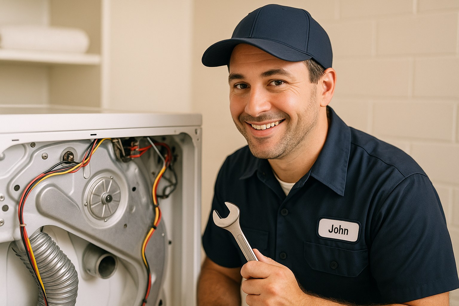 Friendly appliance repair tech inspecting dryer
