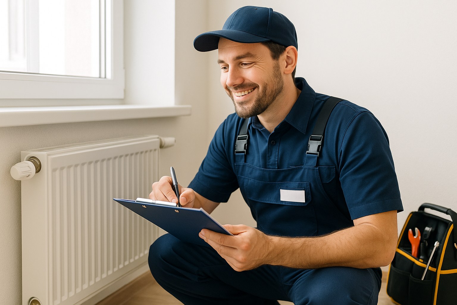 Friendly hvac technician inspects radiator system