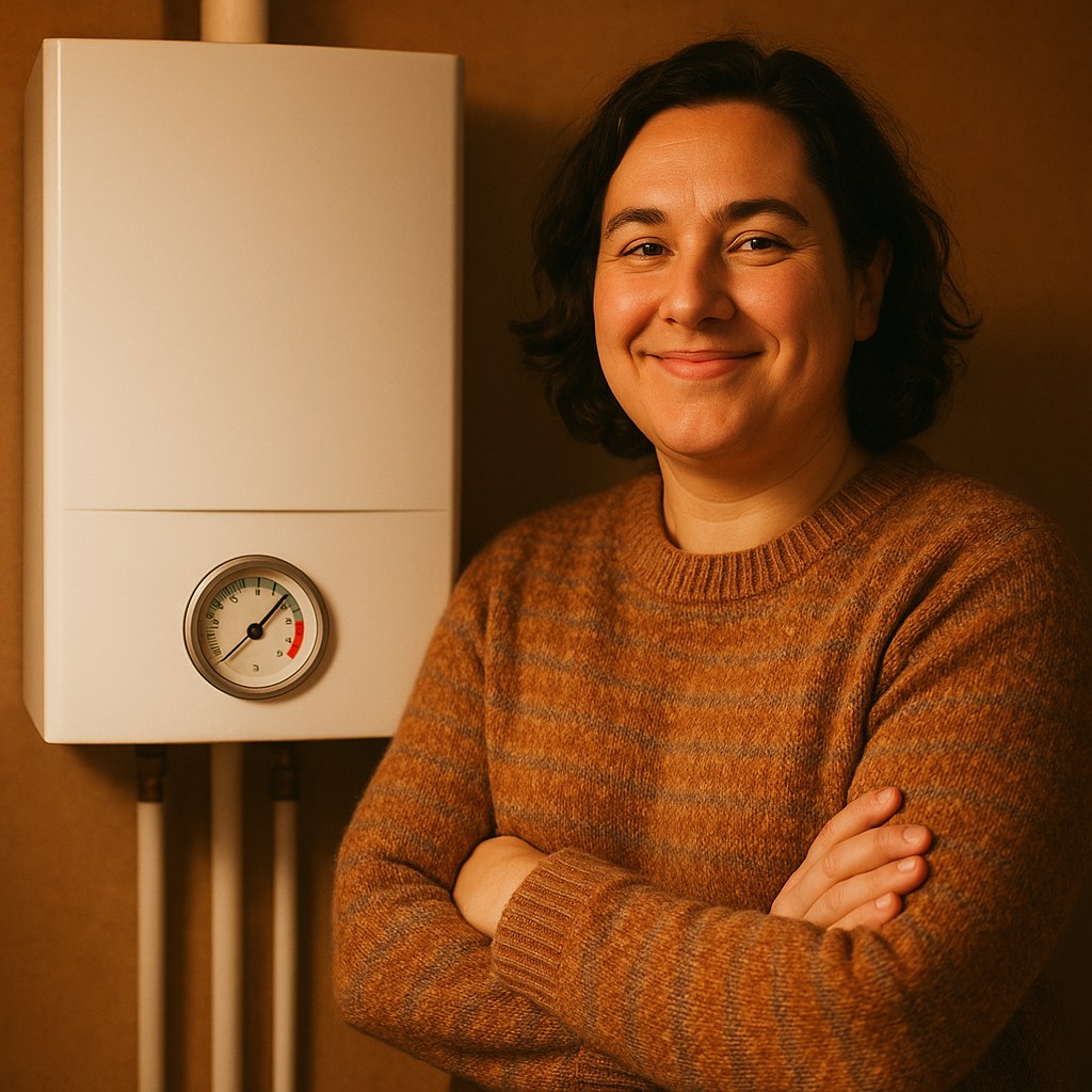 Friendly person next to boiler gauge