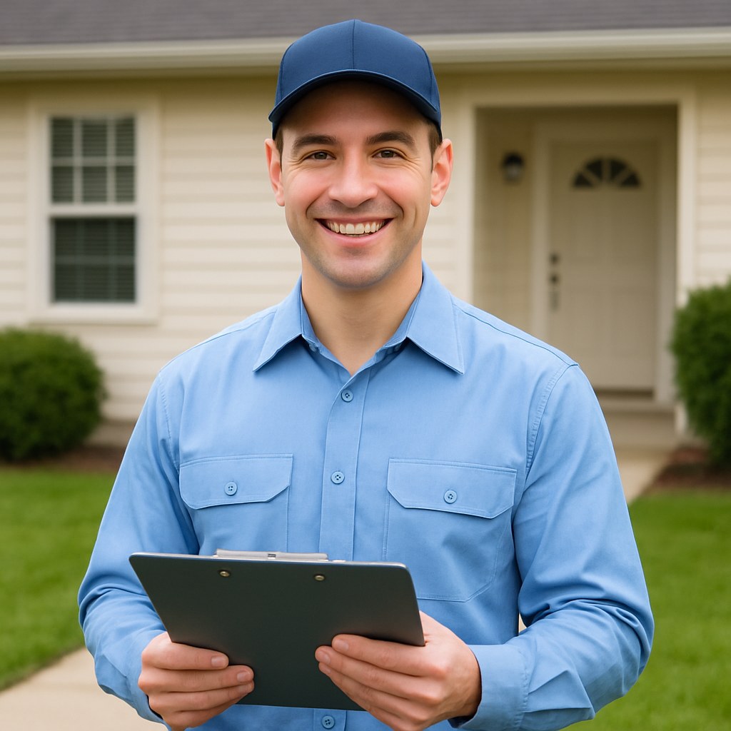 friendly pest control expert outside house
