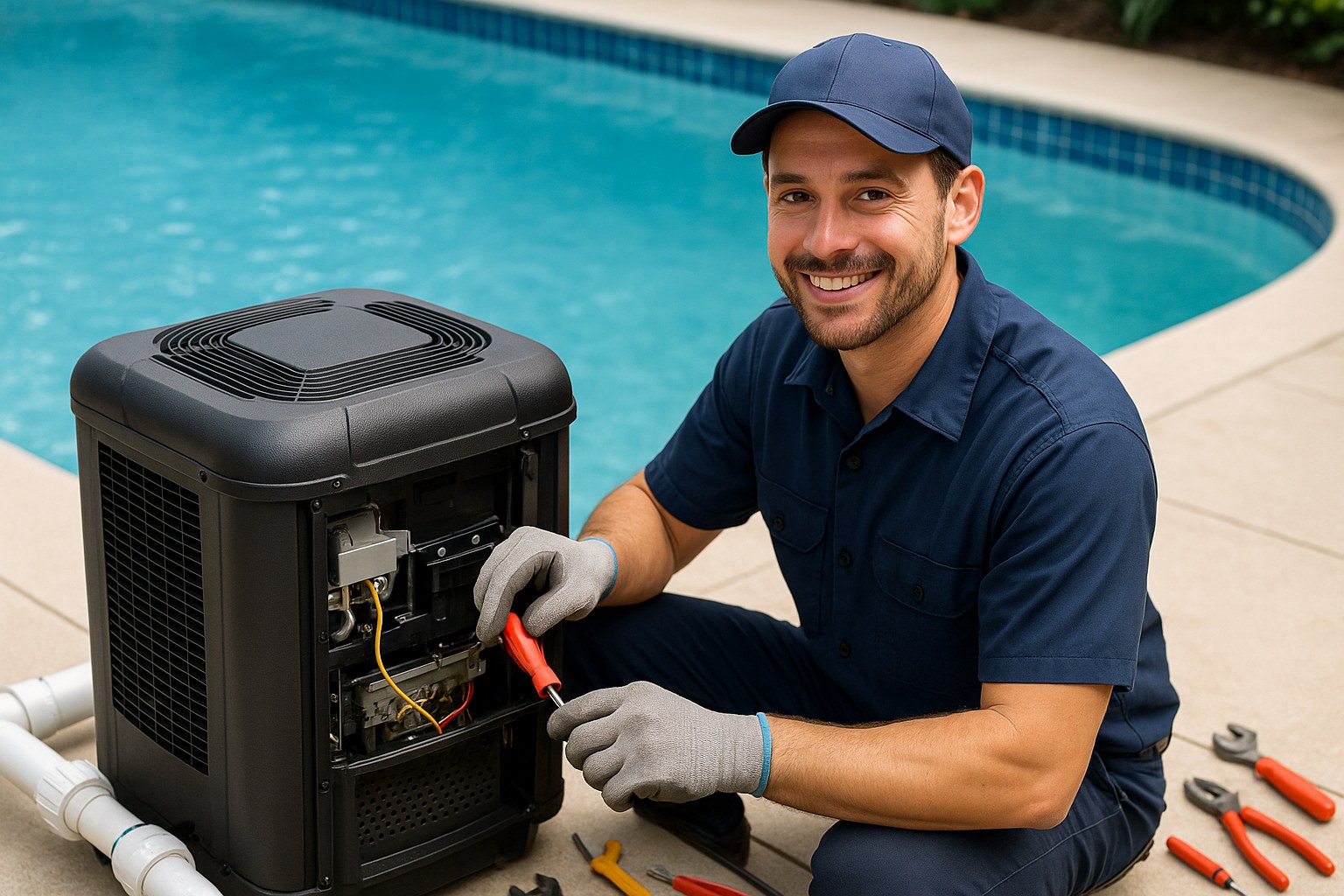 Friendly pool technician working on heater